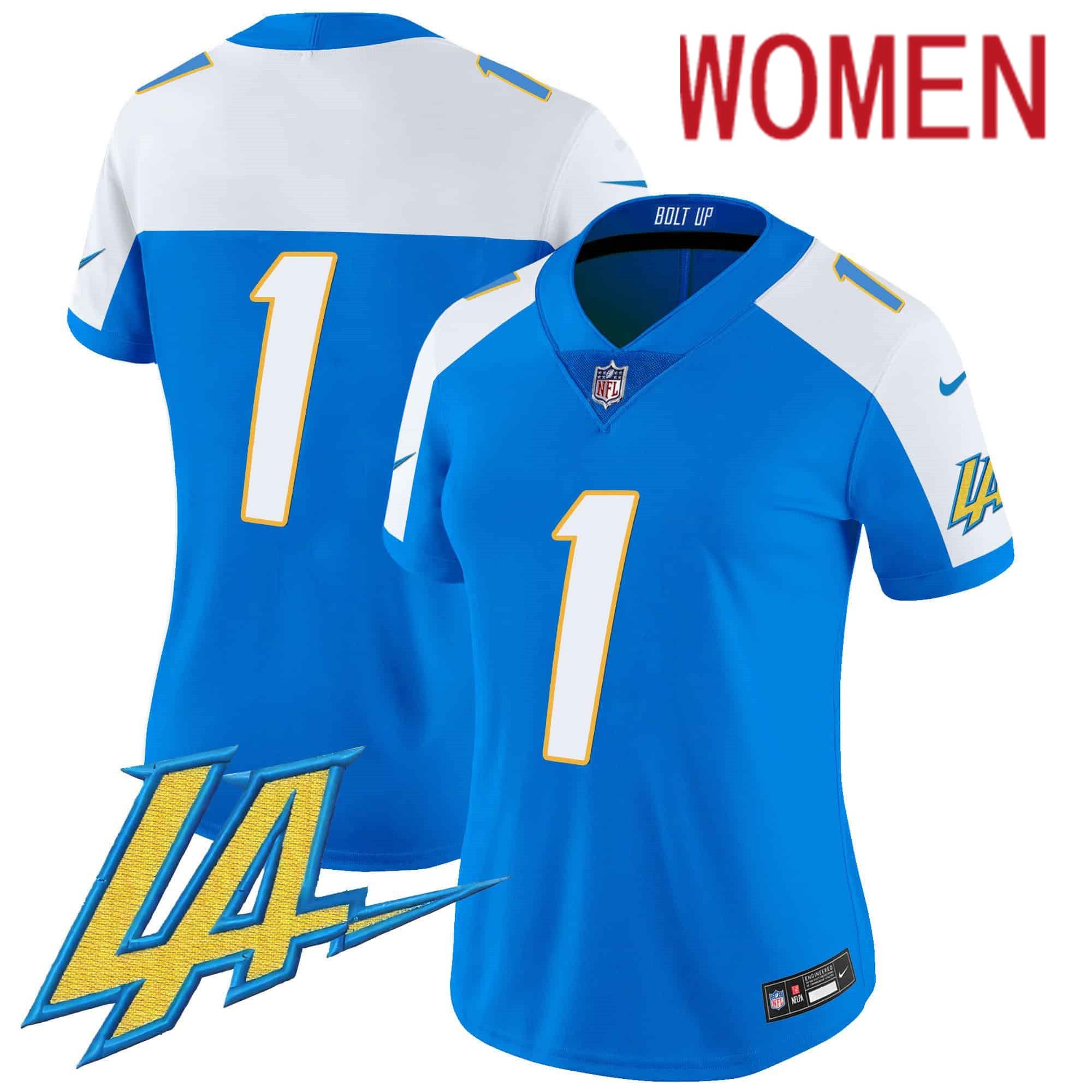 Women Los Angeles Chargers 1 No Name Light Blue 2024 Nike Vapor Limited NFL Jersey